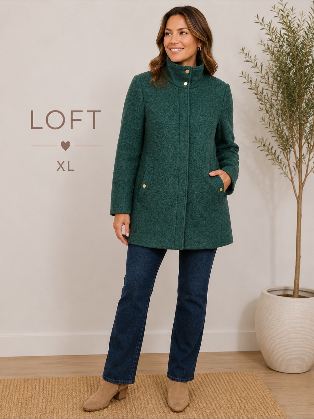 LOFT Dark Forest Green Wool-Blend Stand Collar Pea Coat Classic size XL